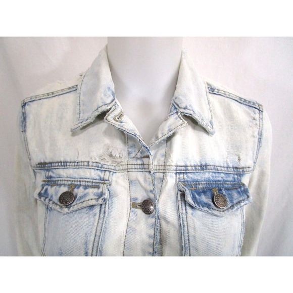 Zara Trafaluc Light Blue Acid Wash Denim Distressed Ripped Jean Jacket Women M - Picture 2 of 11
